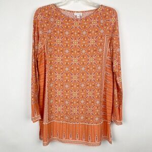 J. Jill Medallion Print Pom-Pom Trim Tunic Top Womens Medium Orange Rayon